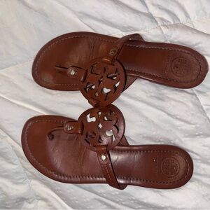 Tory Burch Tan Leather Logo Cutout Thong Sandals